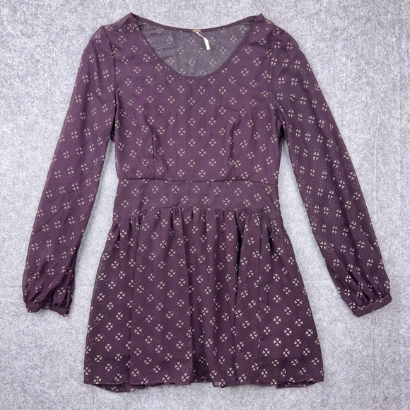 Free People Dresses & Skirts - Free People Dress Womens Medium Purple Mini Long Sleeve Sheer Boho Baby Doll